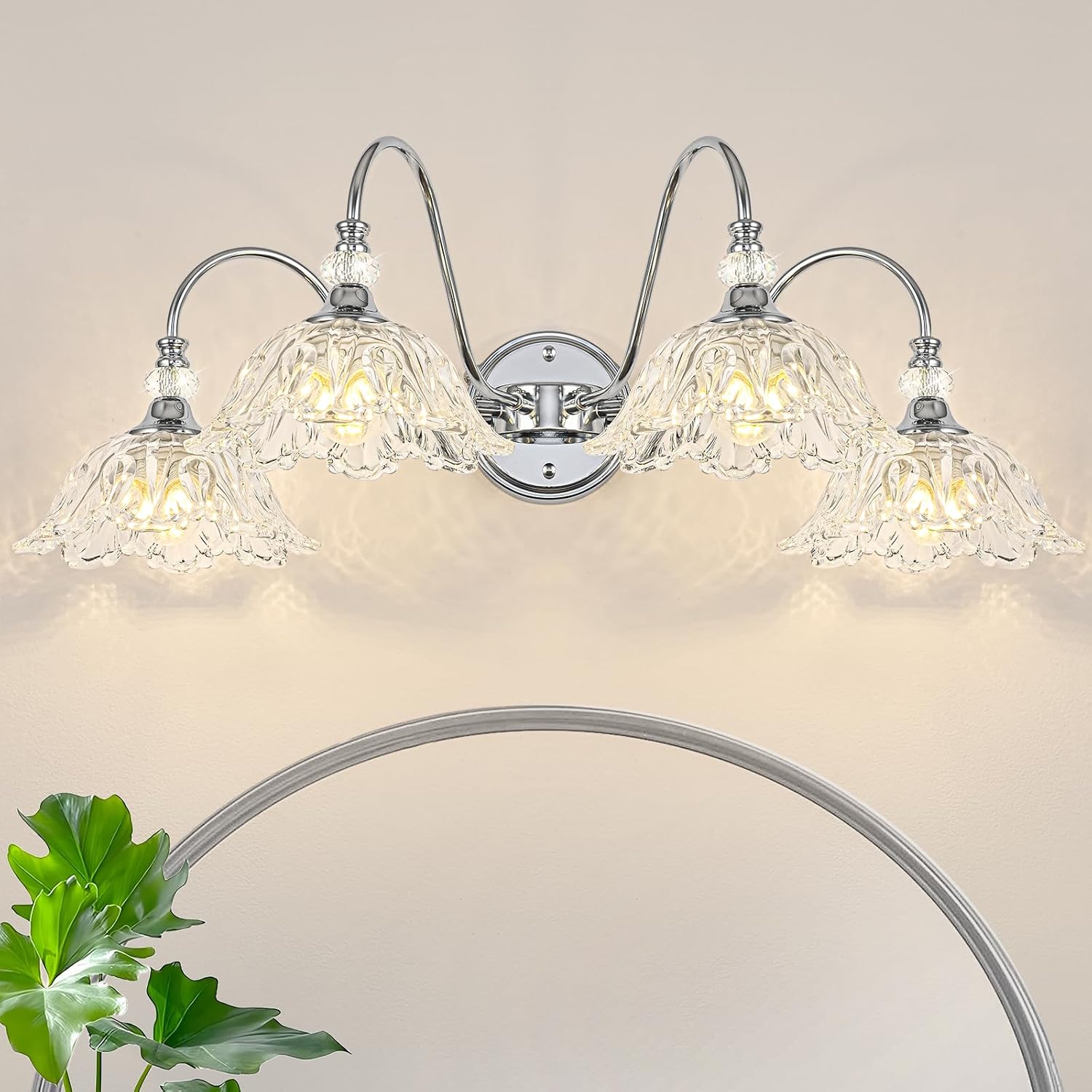 Brushed Chrome 4-Light Bathroom Vanity Light with Floral Clear Glass Shades, Modern Wall Mount Lighting for Bathroom, Dressing Table