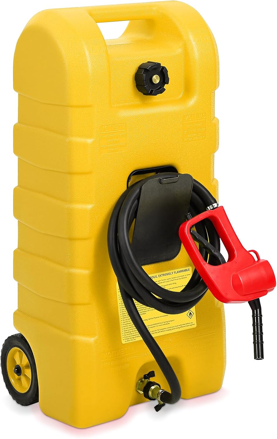15 Gallon Fuel Tank, Gas Can Portable Container with LE Fluid Transfer Siphon Pump & 10ft Delivery Hose, Diesel Storage Caddy On-Wheels for Cars, Lawn Mowers, ATVs, Boats, etc. (Yellow)