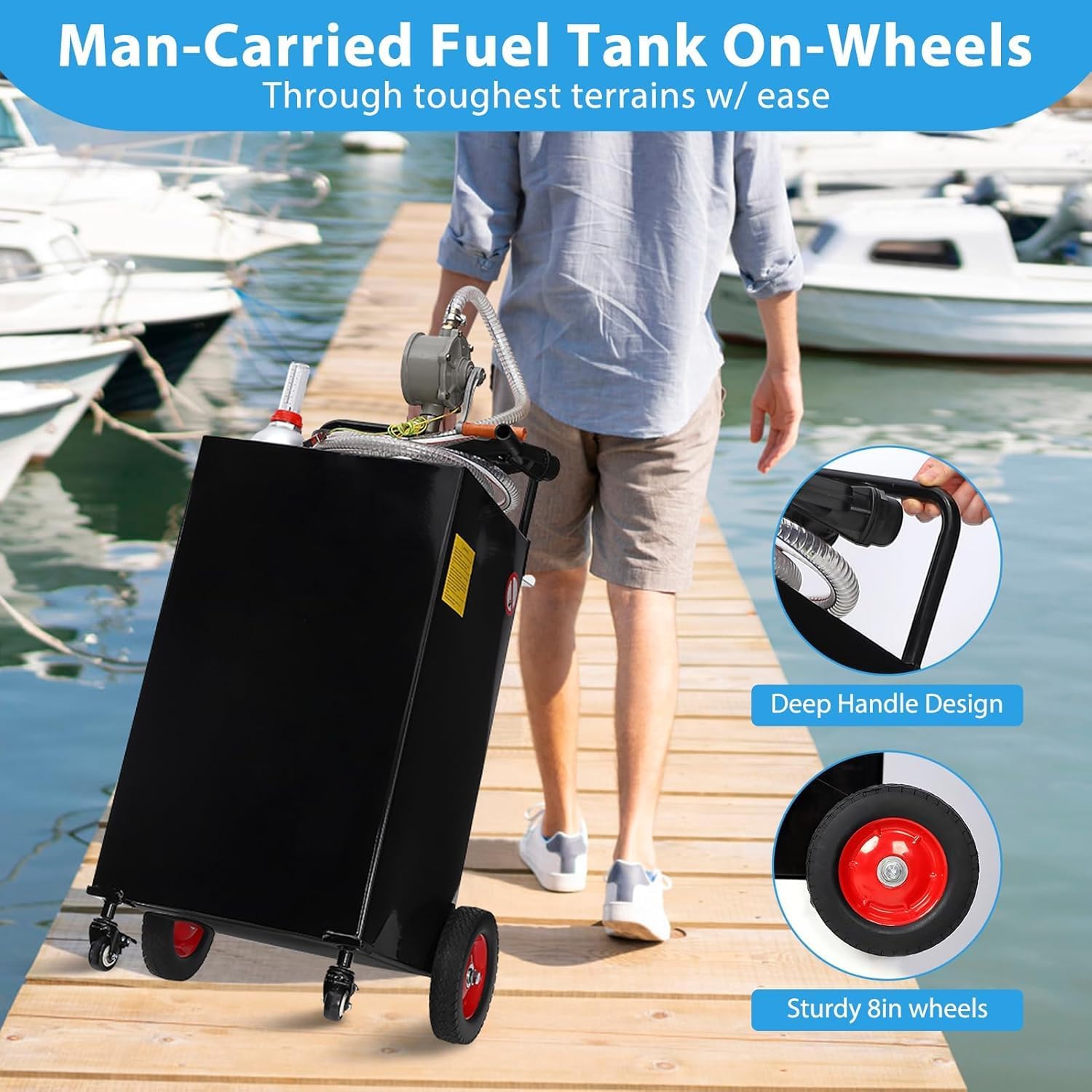 35 Gallon Portable Fuel Caddy with Manual Pump, Heavy Duty Gasoline & Diesel Transfer Tank On 4 Wheels, Mobile Fuel Storage Container for Truck, Boat, Lawn Mower, ATV, Garage & Farm Use – Black