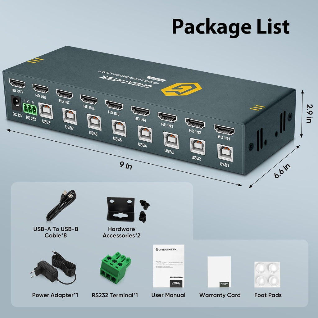 HDMI KVM Switch 8 Port, 4K@30Hz KVM Switch 8 Computers Share 1 Monitor and Keyboard & Mouse, with USB 2.0 Ports, Support Button Switch & Hotkey Switch & RS232, Adaptive EDID, Plug and Play
