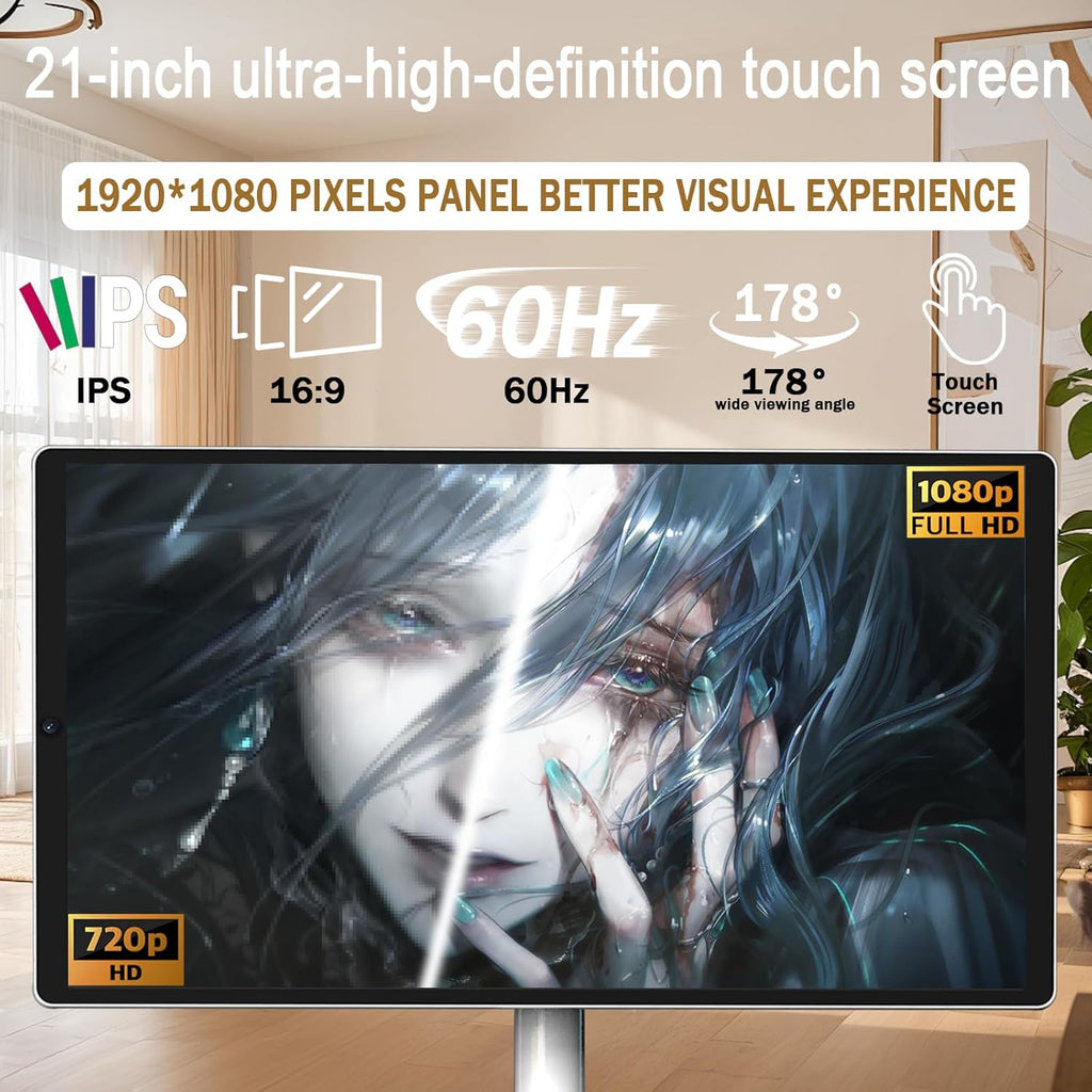 21.5' FHD Smart Portable TV, Rolling TV on Wheels, Android 15 OS, 6G +128GB Storage, Portable Touch Screen Monitor, 13MP Camera, Built-in Battery, 60Hz Refresh Rate, Full Swivel Rotation, Voice Remote