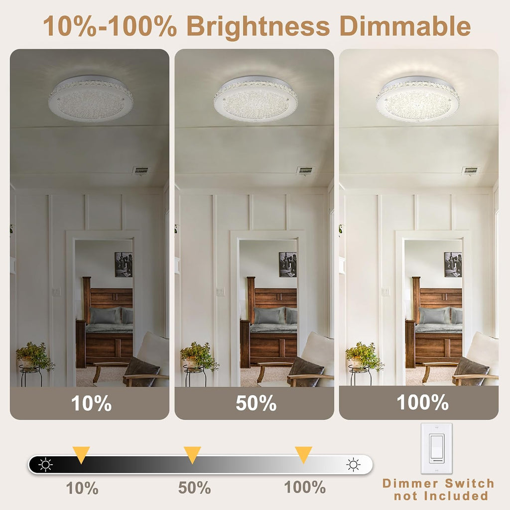 Crystal Ceiling Light Fixture LED Crystal Flush Mount Ceiling Light Dimmable LED Flush Mount Chandelier Light for Hallway, Bathroom, Laundry, Dining Room, Round, 4000K, 24W, 2640LM, 14'