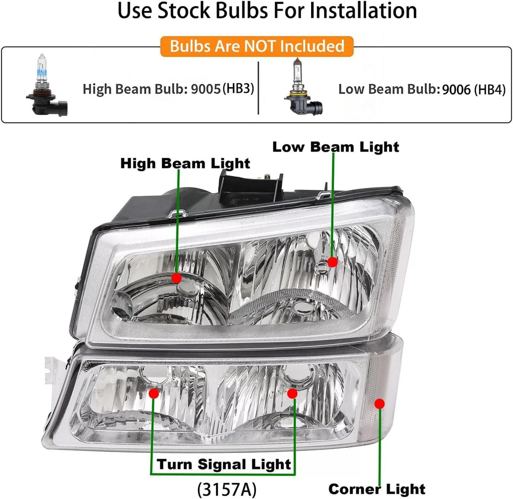 Headlights and Tail Lights Assembly Set For 2003 2004 2005 2006 Chevy Silverado 1500 2500 3500& HD Pickup/For 2007 Chevy Silverado Classic Truck Replacement Bumper Headlamps&Rear Brake Lamps(LH&RH)