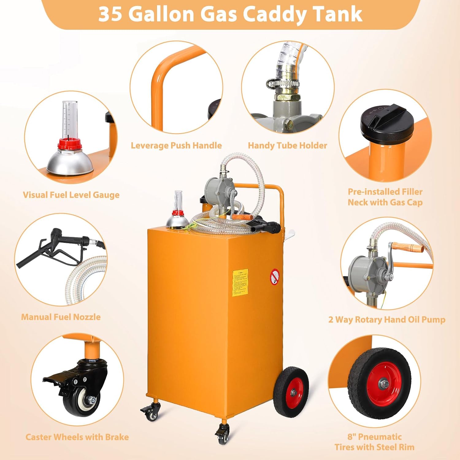 Garvee 35 gal Fuel Caddy with Manual Pump – Heavy Duty Gasoline & Diesel Transfer Tank On 4 Wheels, Spill-Proof Portable Fuel Container for Boat, Truck, Lawn Mower, ATV, Garage & Farm – Orange