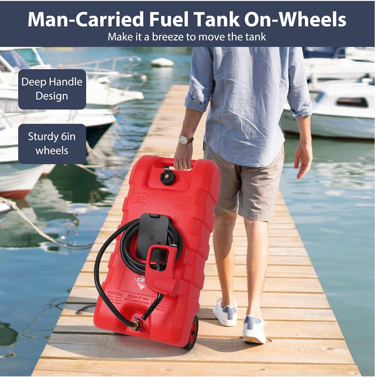 15 Gallon Fuel Caddy – Portable Diesel & Gasoline Tank with Manual Siphon Pump, 10ft Delivery Hose & Wheels for Cars, Boats, ATVs & Lawn Mowers - Red