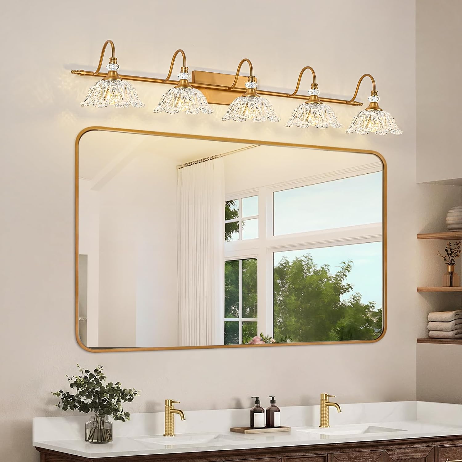 Vintage Bathroom Vanity Light, 5-Light Matte Brass Finish Vanity Light with Floral Clear Glass Shades, Retro Wall Mount Lighting for Bathroom, Dressing Table