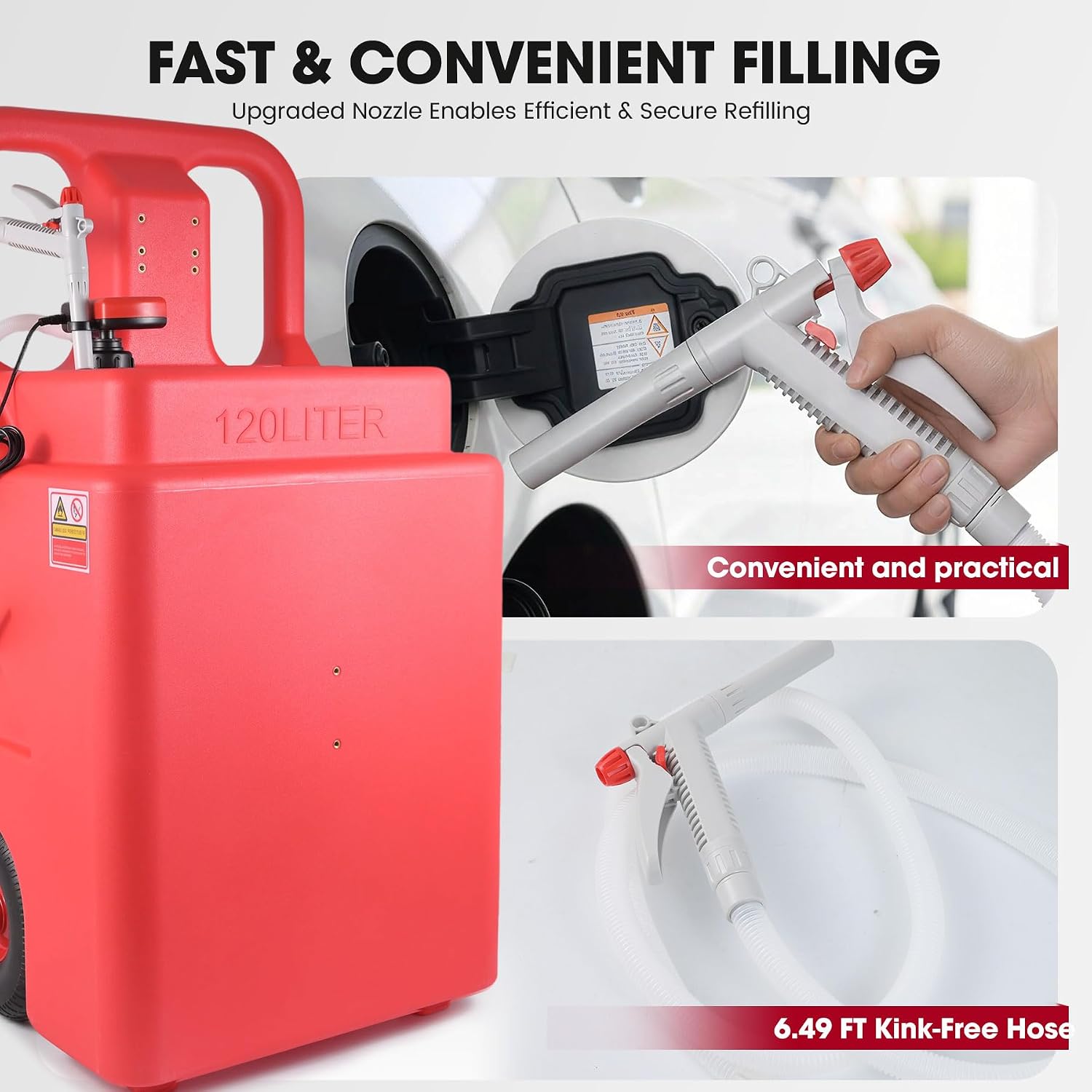 32 Gallon Fuel Caddy, Portable Gas Storage with Battery Powered Transfer Pump, Hose & 2 Wheels, Gasoline Diesel Fuel Container for Cars, ATVs, Boats, Lawn Mowers, Red