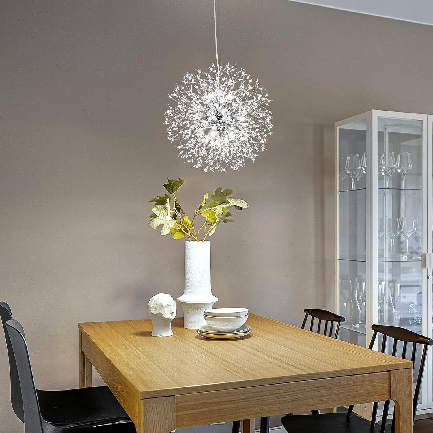 Modern Dandelion Firework Chandelier, Chrome Dining Room Chandelier, Crystal Hanging Pendant Lighting Fixture for Living Room, Bathroom, Bedroom, Entryway, 12-Light