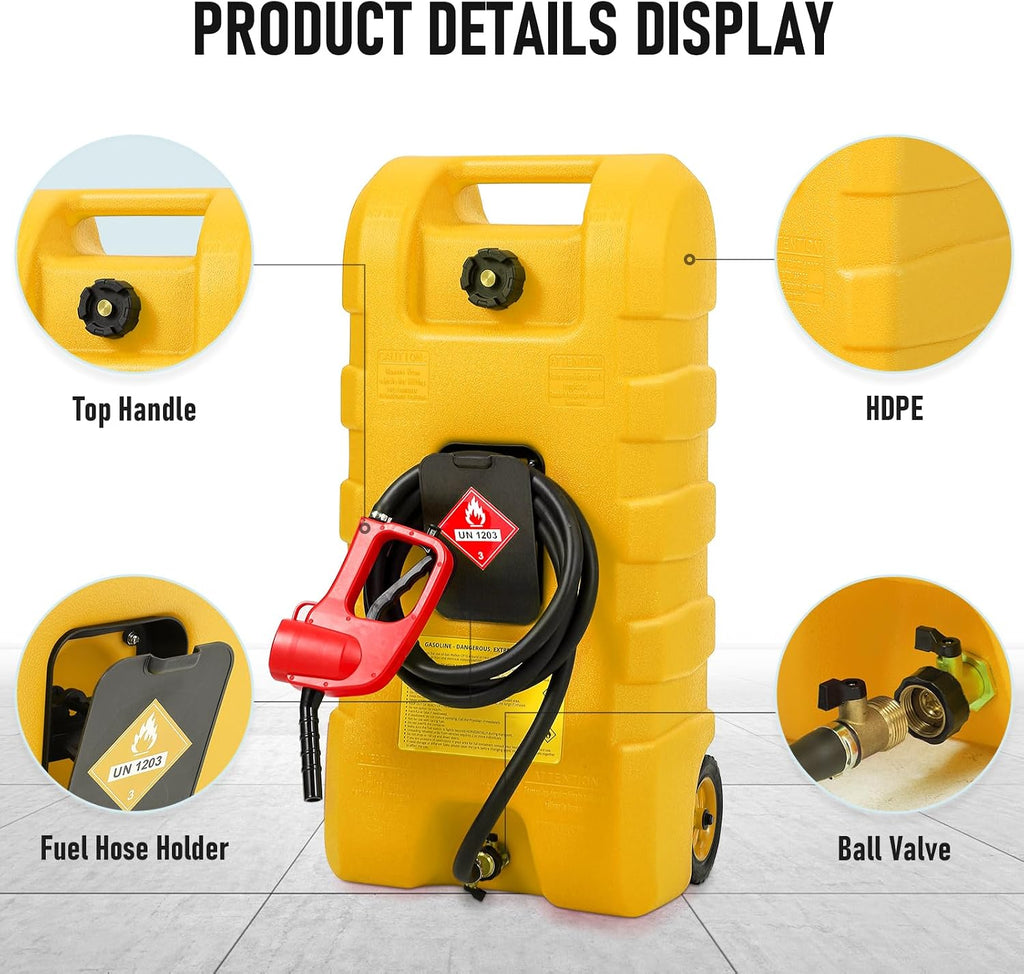 15 Gallon Gas Can, Fuel Tank Container with LE Fluid Transfer Manual Siphon Pump & 10FT Hose, Portable Diesel Gas Storage Caddy with Wheels for Car, ATV, Weeder, Boat, etc., Yellow