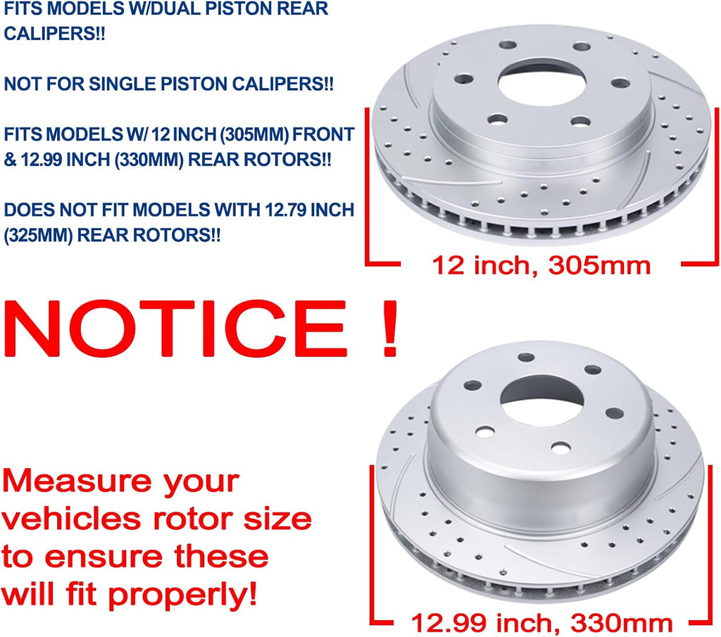 Front(12') and Rear(12.99') Brake Kit Fit for Chevrolet Avalanche Silverado Suburban Tahoe Cadillac Escalade ESV EXT GMC Sierra Yukon Drilled and Slotted Brake Rotors Ceramic Brake Pads Fit 4WD/AWD