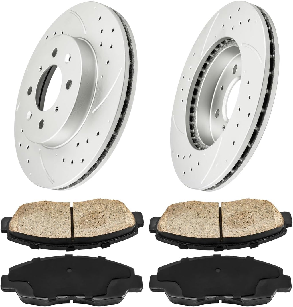 KAC Front Brake Kit, Drilled and Slotted Brake Rotors, Ceramic Brake Pads Replacement for 1500 2011-2018, Ram 1500 2006-2010, Durango 2007-2009, Aspen 2007-2009, 245 1982, OEM# 53005+D1084
