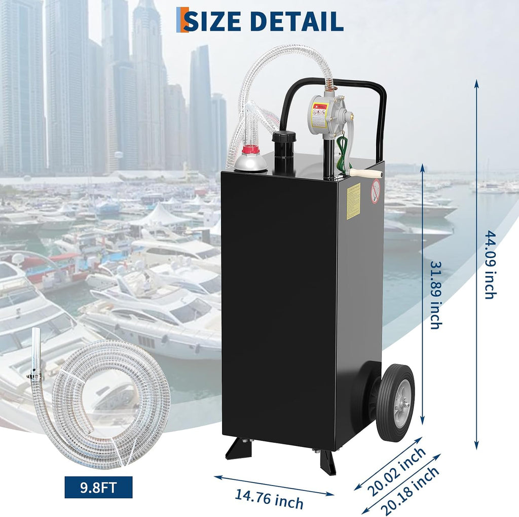 30 Gallon Portable Gas Caddy with 9.8 ft Kink-Free Hose & 2 Wheels, Manual Transfer Pump, Gasoline/Diesel Fuel Storage Tank for Cars, Lawn Mowers, ATVs, Boats