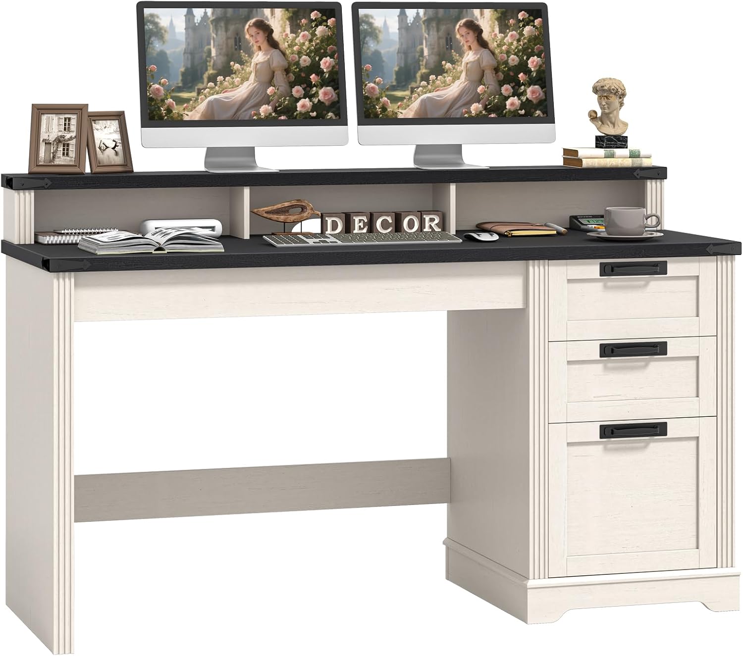 Vabches 55' Farmhouse Executive Desk with 3 Drawers, Wooden Computer Desk, Home Office Desk with File Drawer (Fits A4 Size) for Work and Study, White and Black