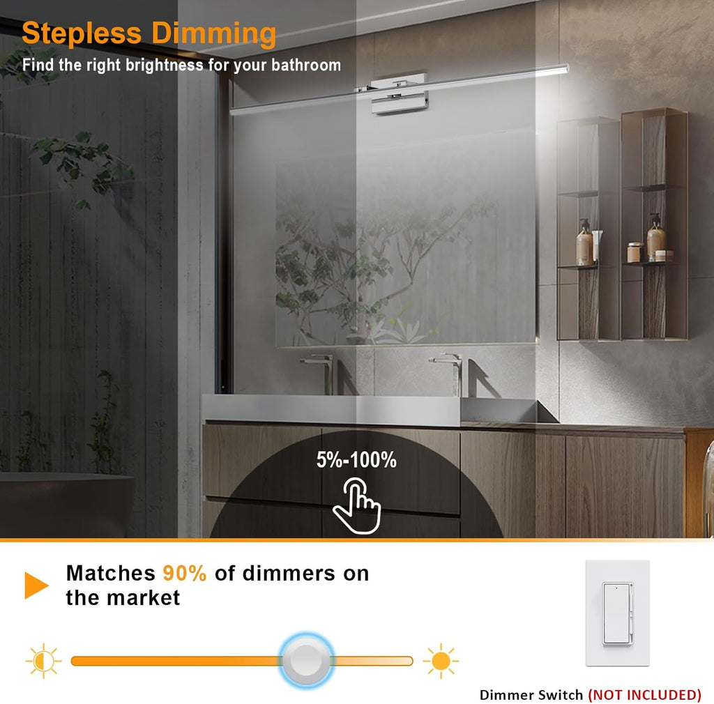 LED Bathroom Vanity Light, Modern Bathroom Light Fixture Over Mirror (3000K/4000K/6000K, Dimmable), Vanity Light Bar with Angle Adjustable, 48 Inch, Chrome