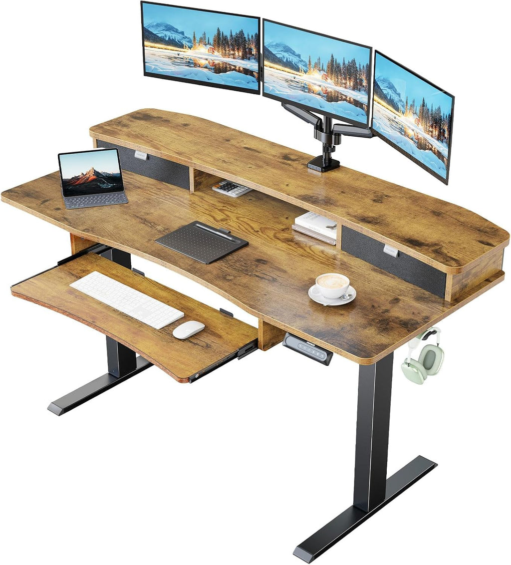 HUANUO 55' x 26' Electric Standing Desk with 2 Drawers & 26.7' Large Keyboard Tray, C-Clamp Mount Compatible, Adjustable Computer Desk for Home Office, Stand Up Desk with 4 Height Presets, Vintage