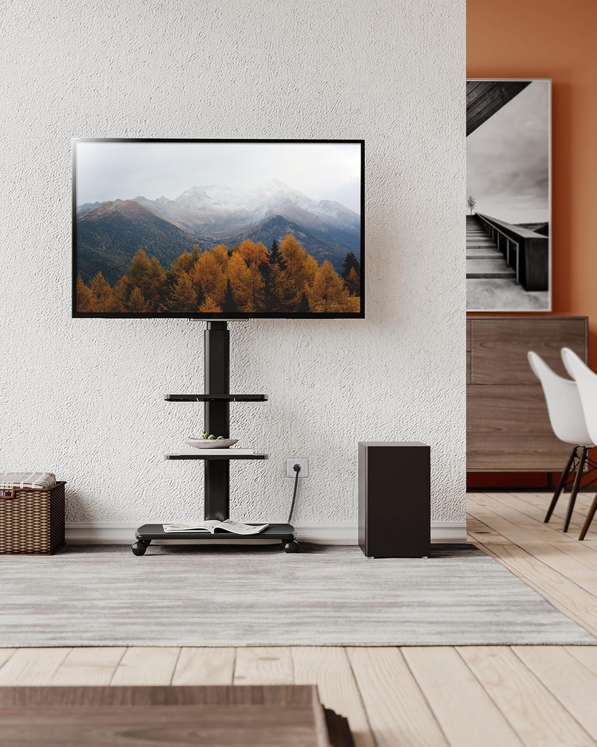 FITUEYES Rolling TV Stand with Power Outlets, Swivel Portable TV Stand for 32-70 Inch LCD LED OLED Flat/Curved Panel Screen TVs, Height Adjustable&Wood Base, Mobile TV Cart with 2 Shelves, Black