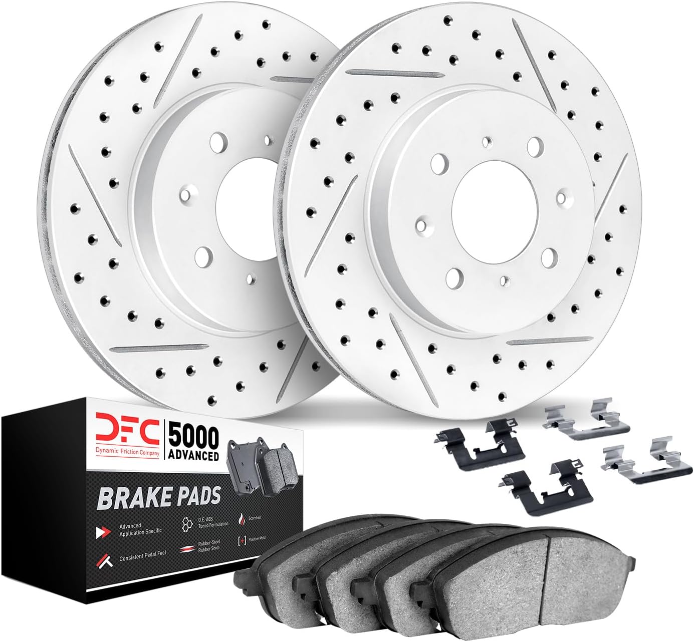 Dynamic Friction Company Front Brake Kit Fits 2011-2019 Ford Fiesta| 5000 Advanced Pads, Drilled Slotted Rotors| Hardware| 10.2' Front