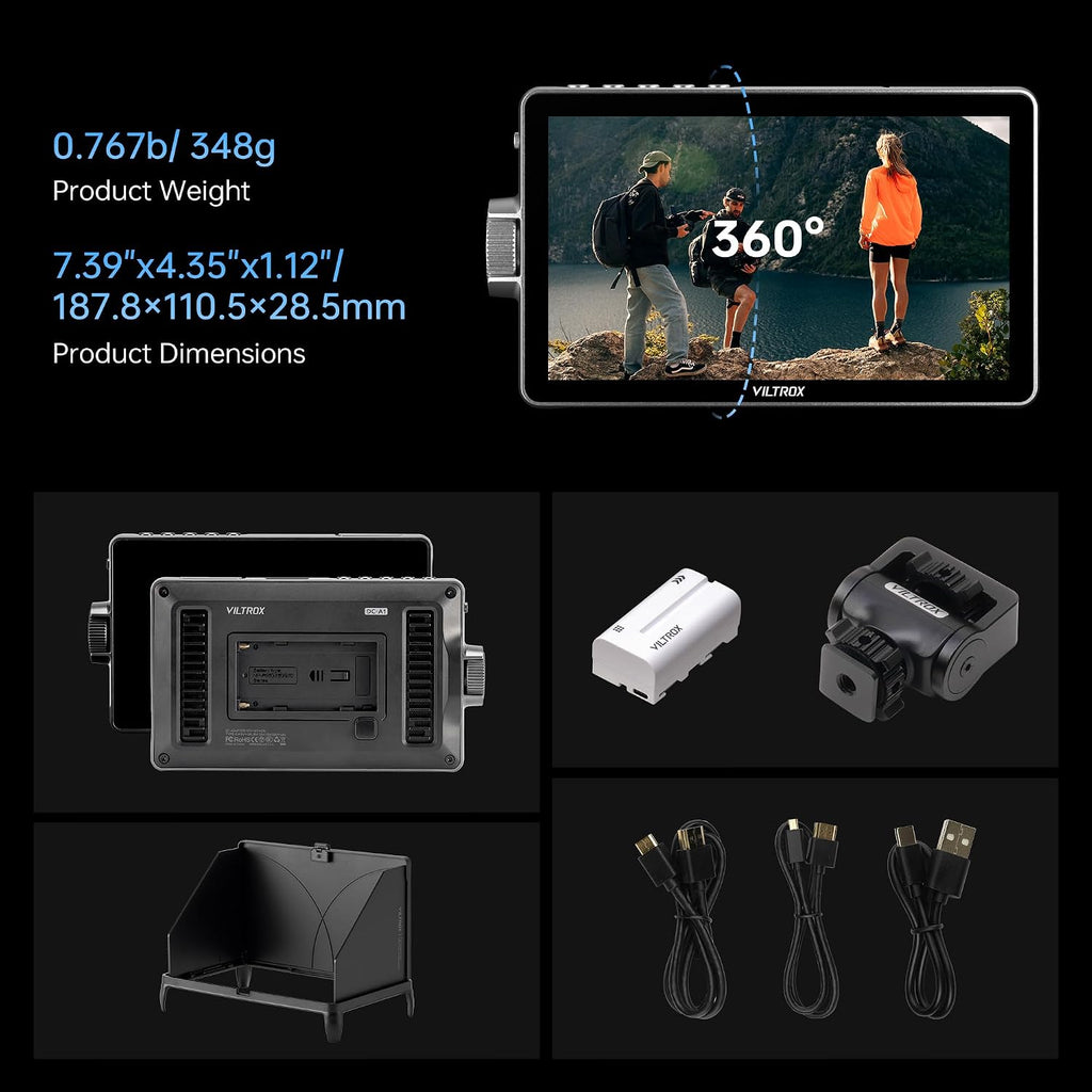 VILTROX DC-A1 Camera Monitor, 7inch 2800nits Ultra Bright Touchscreen Field Monitor with Full HD 1920x1080, HDMI 2.0 in/Out, Custom LUT, Histogram, Waveform, Sunshade, for Video Shooting
