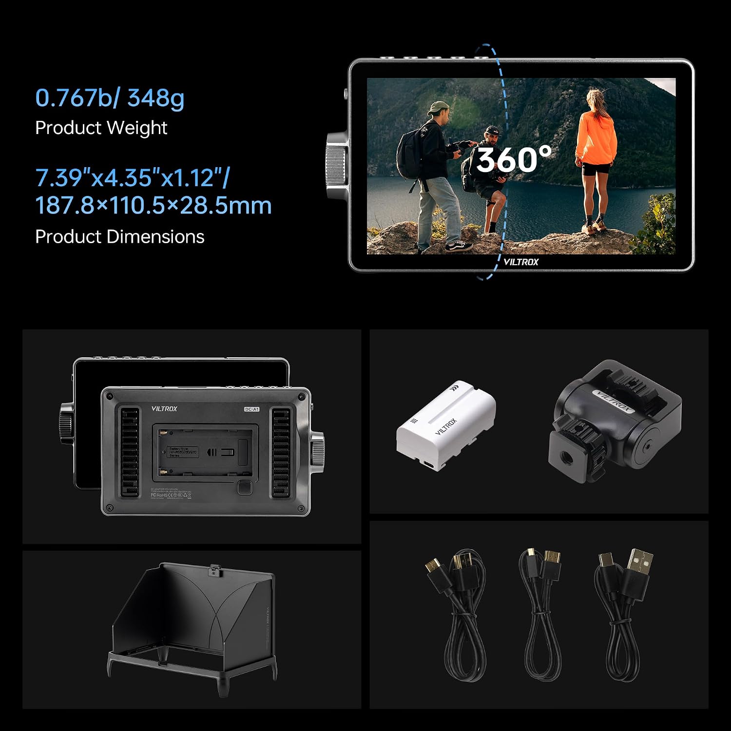 VILTROX DC-A1 Camera Monitor, 7inch 2800nits Ultra Bright Touchscreen Field Monitor with Full HD 1920x1080, HDMI 2.0 in/Out, Custom LUT, Histogram, Waveform, Sunshade, for Video Shooting
