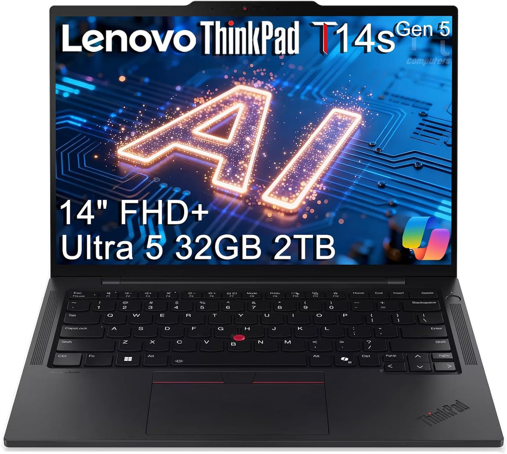 Lenovo ThinkPad T14s Gen 5 Business AI PC Laptop (14' FHD+, Intel 12-Core Ultra 5 135U (> i7-1355U), 32GB DDR5 RAM, 2TB SSD), 2x Thunderbolt 4, Backlit, Fingerprint, 5MP RGB IR Webcam, Win 11 Pro