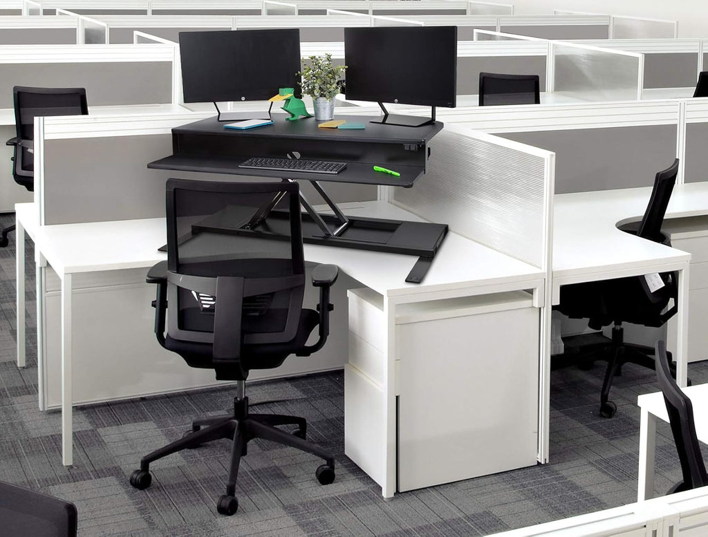 Flexpro Power 40 Inch Electric Corner Desk Converter for Cubicles and L-Shaped Desks with Quiet Height Adjustments, Large Dual Level Sit to Stand Computer Workspace (Black, 44in x 32in)