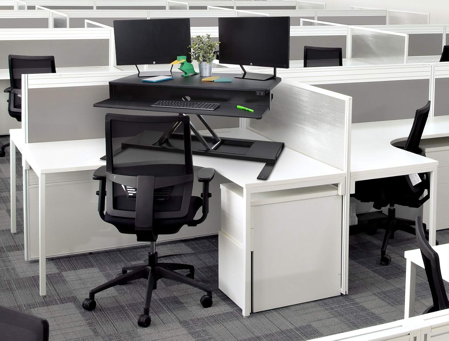 Flexpro Power 40 Inch Electric Corner Desk Converter for Cubicles and L-Shaped Desks with Quiet Height Adjustments, Large Dual Level Sit to Stand Computer Workspace (Black, 44in x 32in)