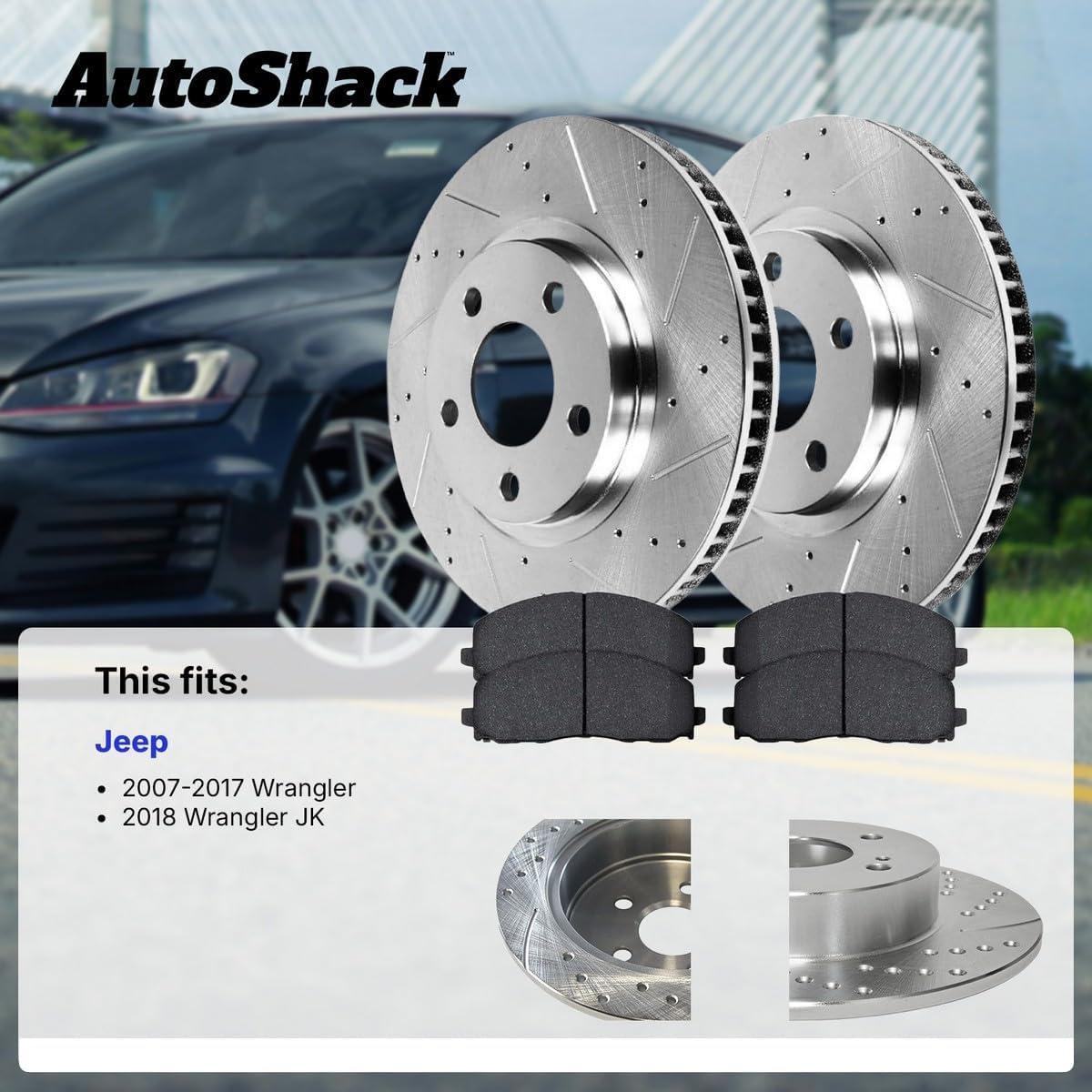 AutoShack Front & Rear Brake Rotors & Premium Pads for Jeep, Wrangler 2007-2017 Wrangler JK 2018, 4WD RWD V6 3.6L 3.8L - Silver Zinc Coated Drilled & Slotted - SilverShield Pro
