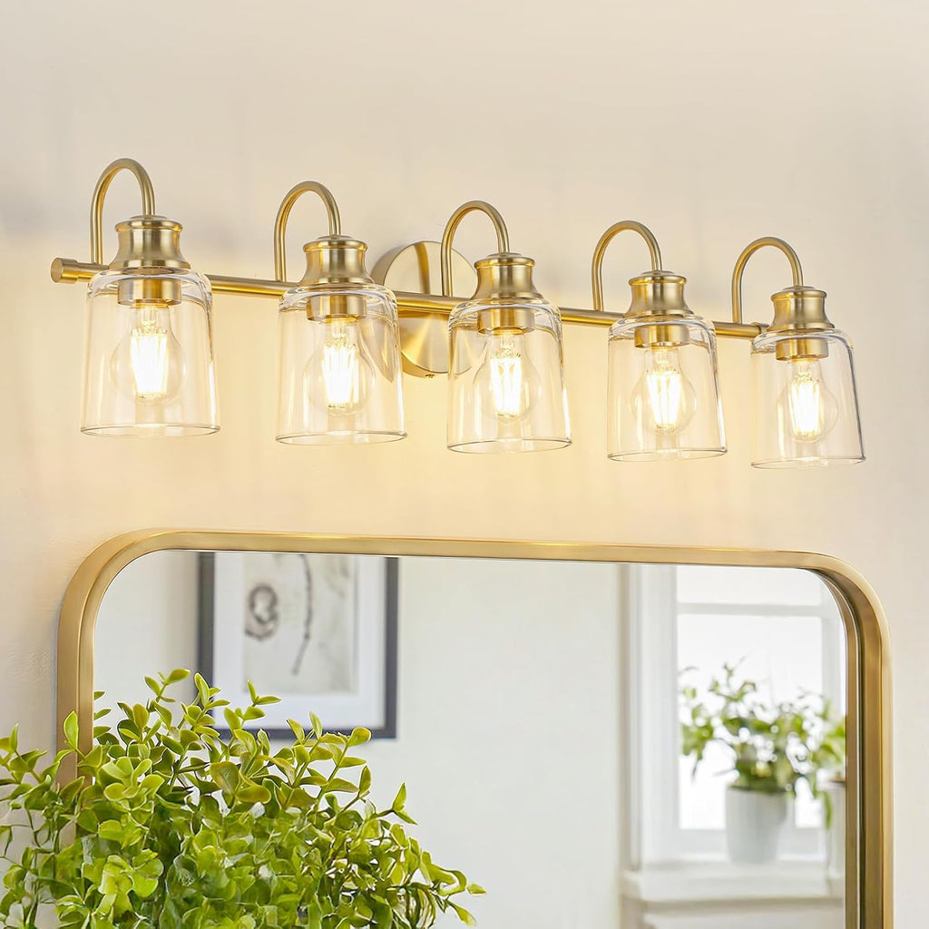 5 Lights Bathroom Light Fixtures Modern Gold Vanity Lights for Bathroom Lighting Fixtures Over Mirror with Clear Glass Shade for Cabinet Mirror Bedroom Hallway