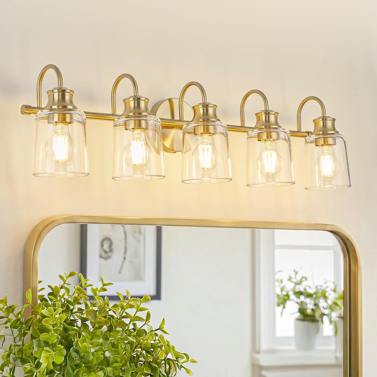 5 Lights Bathroom Light Fixtures Modern Gold Vanity Lights for Bathroom Lighting Fixtures Over Mirror with Clear Glass Shade for Cabinet Mirror Bedroom Hallway