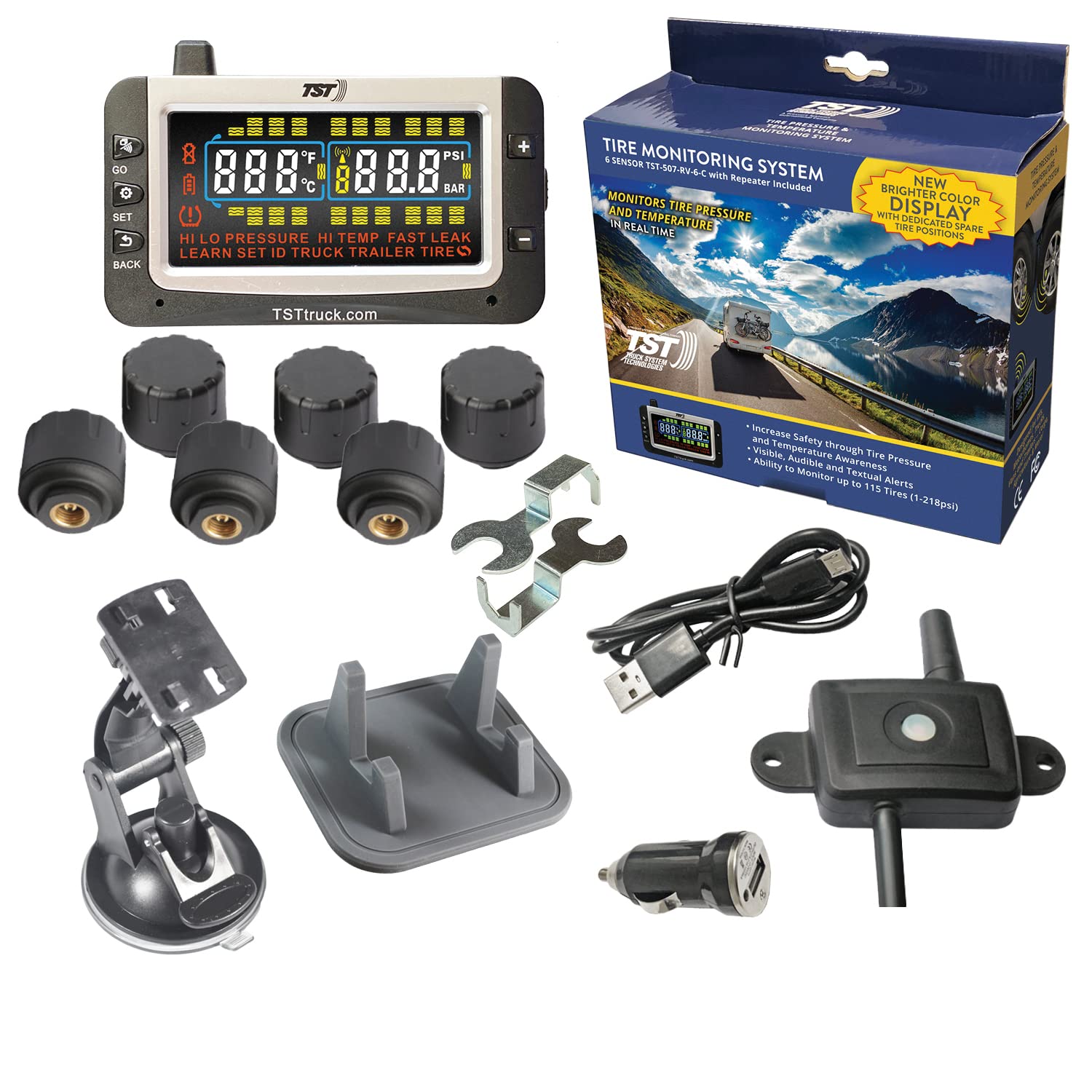 TST 507 Series TPMS - RV Tire Pressure Monitoring System with 6 Cap Sensors & Color Display Monitor for Travel Trailers, Campers and Motorhomes