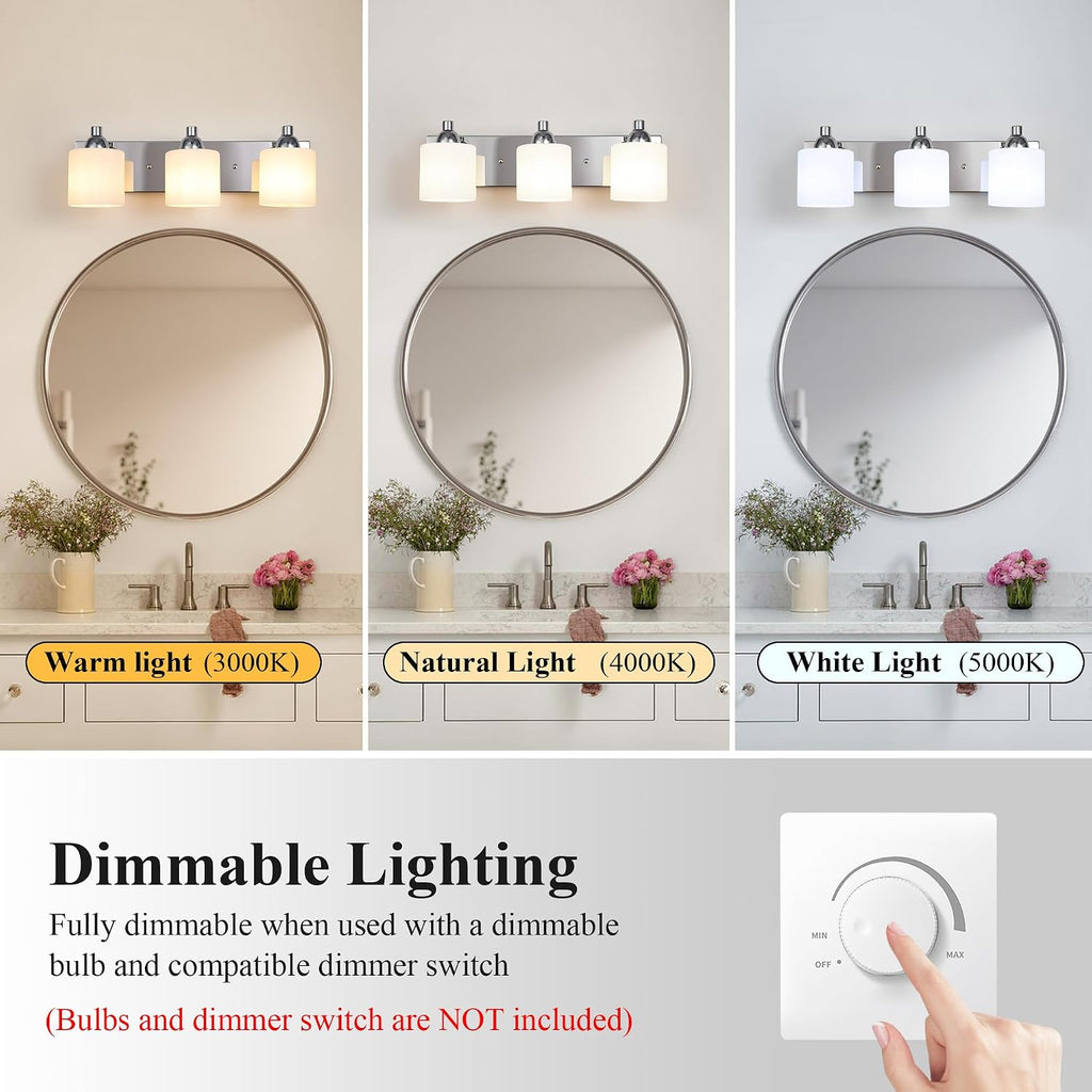 Mecgirn Stainless Steel Milk Glass Vanity Lights for Bathroom, 3 Light Polished Chrome Bathroom Light Fixtures Over Mirror, Ceramic E26 Sockets Wall Mounted