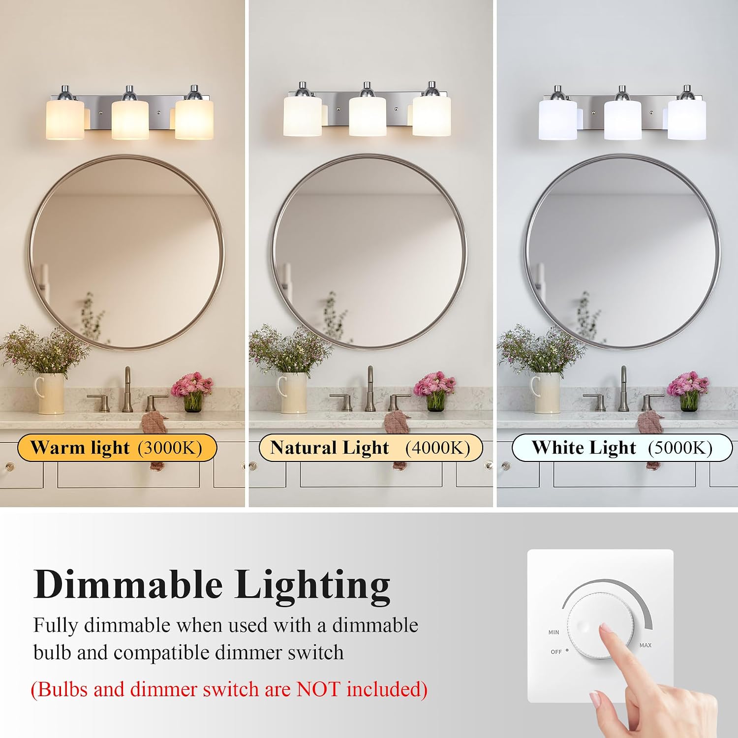Mecgirn Stainless Steel Milk Glass Vanity Lights for Bathroom, 3 Light Polished Chrome Bathroom Light Fixtures Over Mirror, Ceramic E26 Sockets Wall Mounted