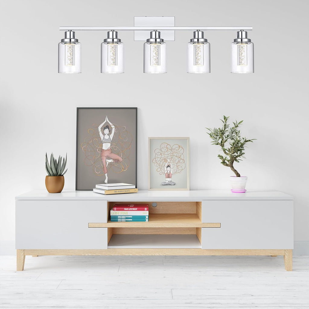 MELUCEE 5 Color Dimmable Bathroom Vanity Light Fixtures 5-Light Bath Wall Lights Modern LED Vanity Lights for Bathroom Chrome with Crystal Bubble Clear Glass Shade, Built-in LED Chips