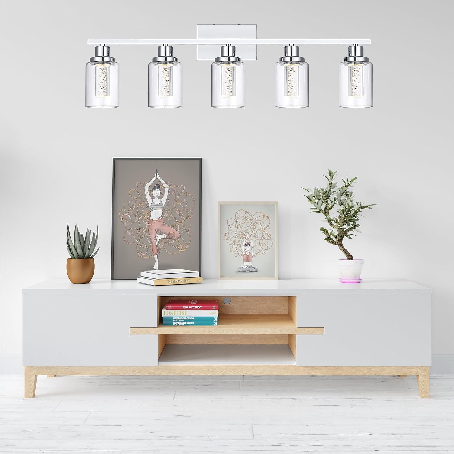 MELUCEE 5 Color Dimmable Bathroom Vanity Light Fixtures 5-Light Bath Wall Lights Modern LED Vanity Lights for Bathroom Chrome with Crystal Bubble Clear Glass Shade, Built-in LED Chips