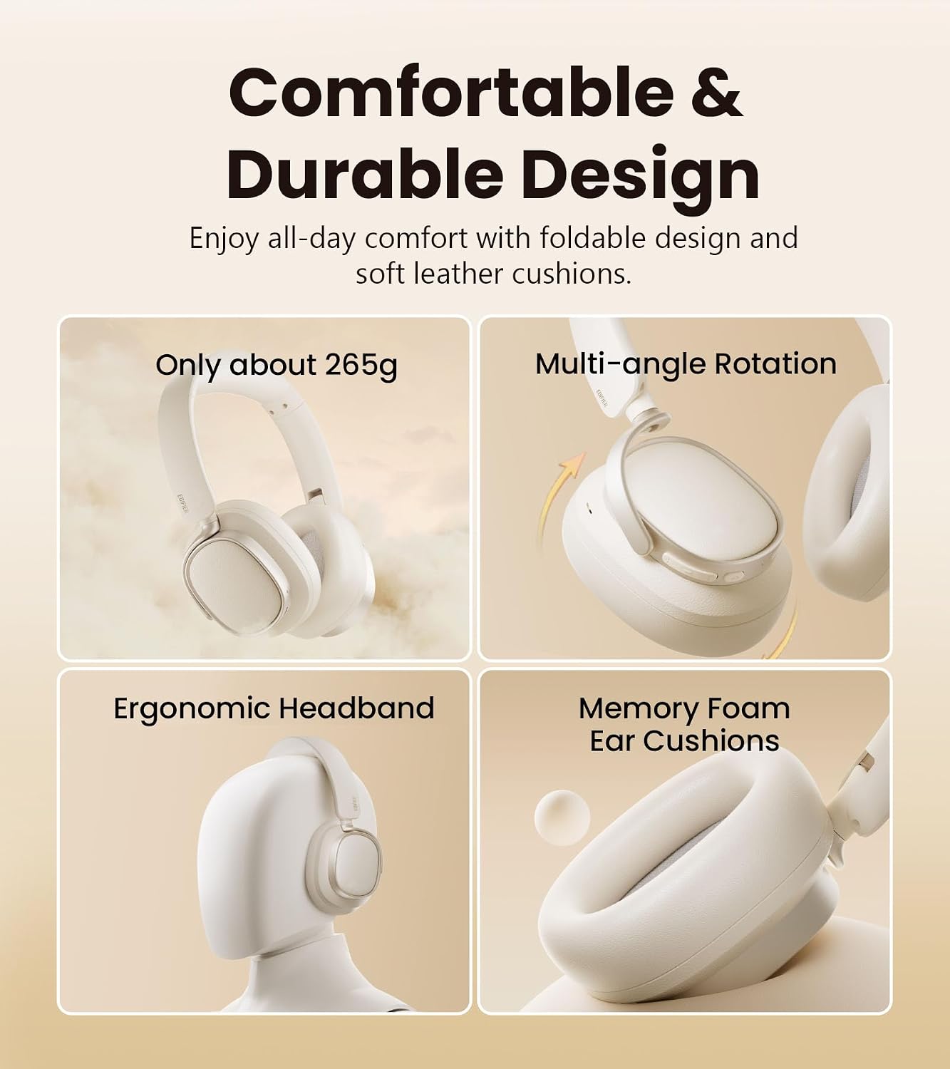 Edifier Active Noise Cancelling Headphones, Over Ear Bluetooth Headset, 92H Playtime Wired & Wireless Hi-Res Audio Certified, Fast Charging Clear Calls Travel - Ivory (Renewed)