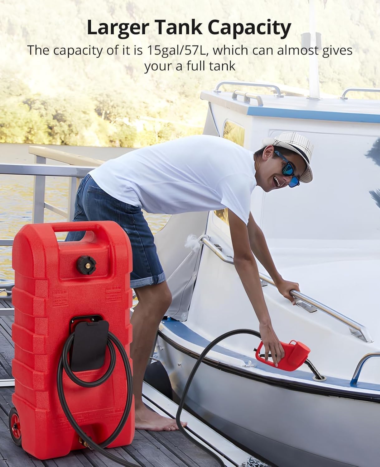 Fuel Caddy 14 Gallon, Portable Gasoline Tank Container With Manual Fuel Transfer Pump & 10ft Long Hose, Gasoline Diesel Fuel Storage Tank On-Wheels, Portable Gas Tank for Cars, Lawn Mowers, Boats, Red