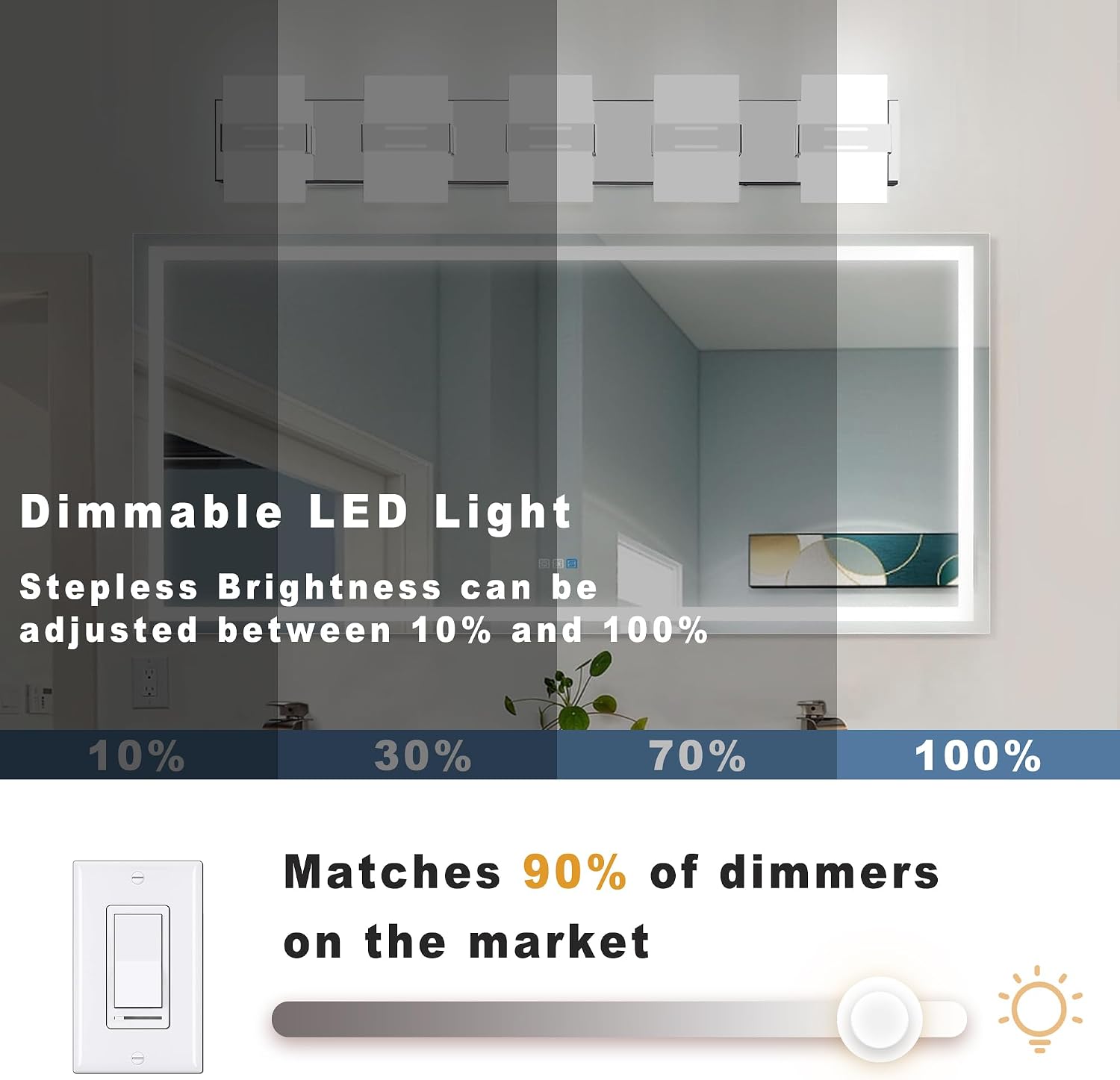 Modern Bathroom Vanity Light, Chrome Vanity Lights for Bathroom Lights Over Mirror with 5-Light Glass Grid Shade,39 Inch LED Dimmable Wall Light Fixtures 3000K/4500K/6000K Stainless Steel