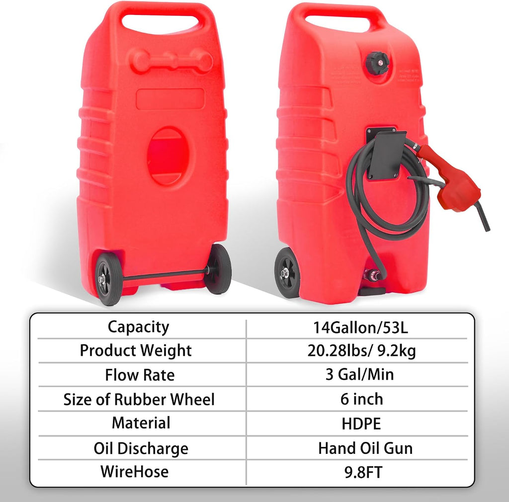 Petyee14 Gallon Portable Gas Can Fuel Tank, Fuel Storage Container with Manual Siphon Pump & 10FT Hose, Gasoline Diesel Caddy with Wheels, Fuel Transfer Tank for Car, ATV, Boat, Lawn Mower, Generator