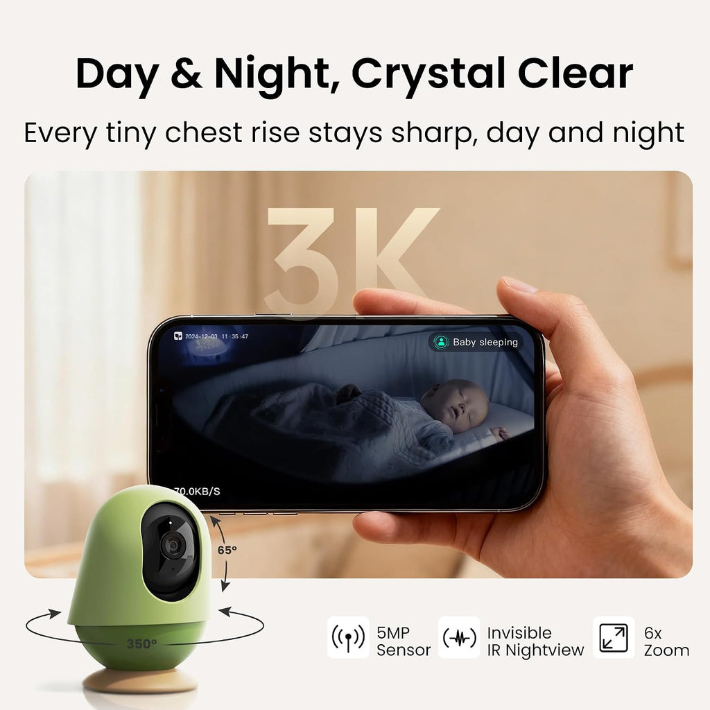 Monai Baby Monitor with Camera and Audio, 3K UHD, 6X Zoom, WiFi Video Monitor for Room or Travel, Pan 350° Tilt 65°, AI Cry Detection, Virtual Fence, Face-Cover Alerts, Sleep Monitoring, Night Vision
