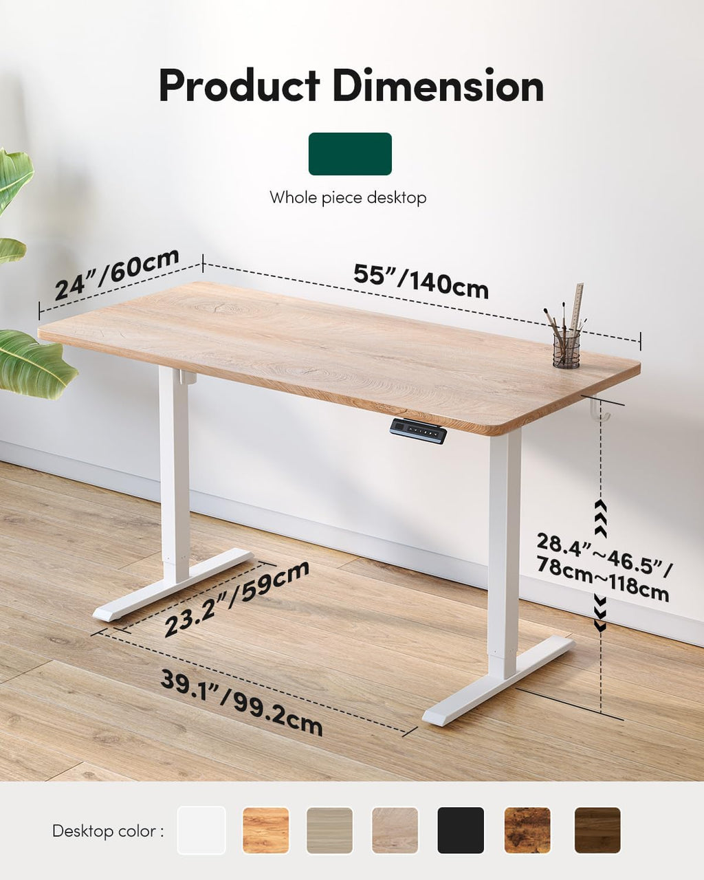 FEZIBO One-Piece Standing Desk Adjustable Height Stand up Home Office Desk, 55x24 Inch Electric Standing Computer Desk, with 4 Memory Presets, Headphone Hook, Maple