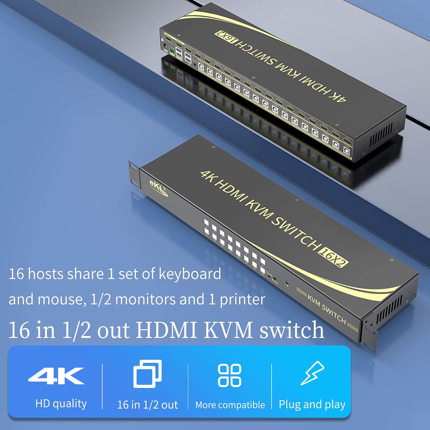 eKL 16 Port HDMI KVM Switch Supports Hotkeys Switching up to 4K@60Hz 4:4:4 16 PCs Laptops Sharing with One Set of Keyboard and Mouse