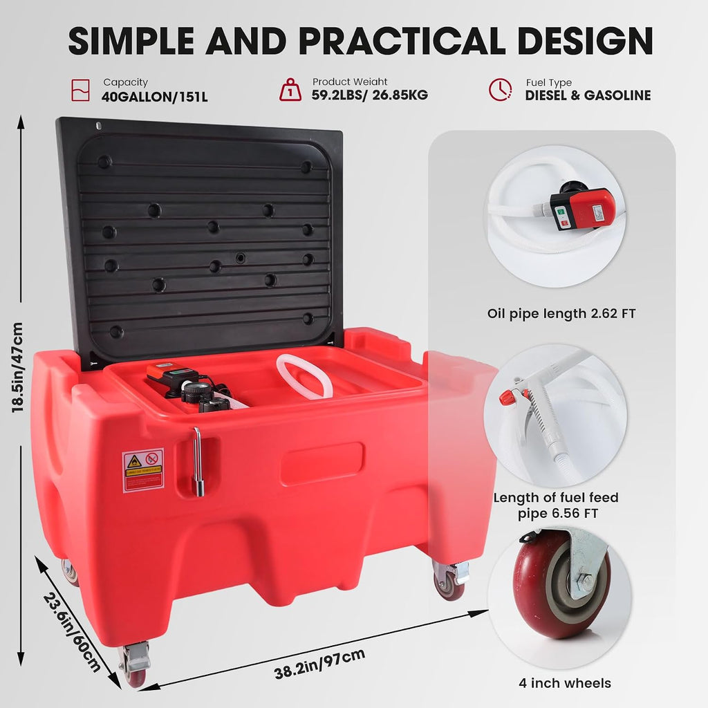 40 Gallon Fuel Caddy, Portable Gas Storage Tank with Battery Powered Transfer Pump & 4 Wheels, Gasoline Diesel Fuel Container for Cars, ATVs, Boats, Lawn Mowers, Red