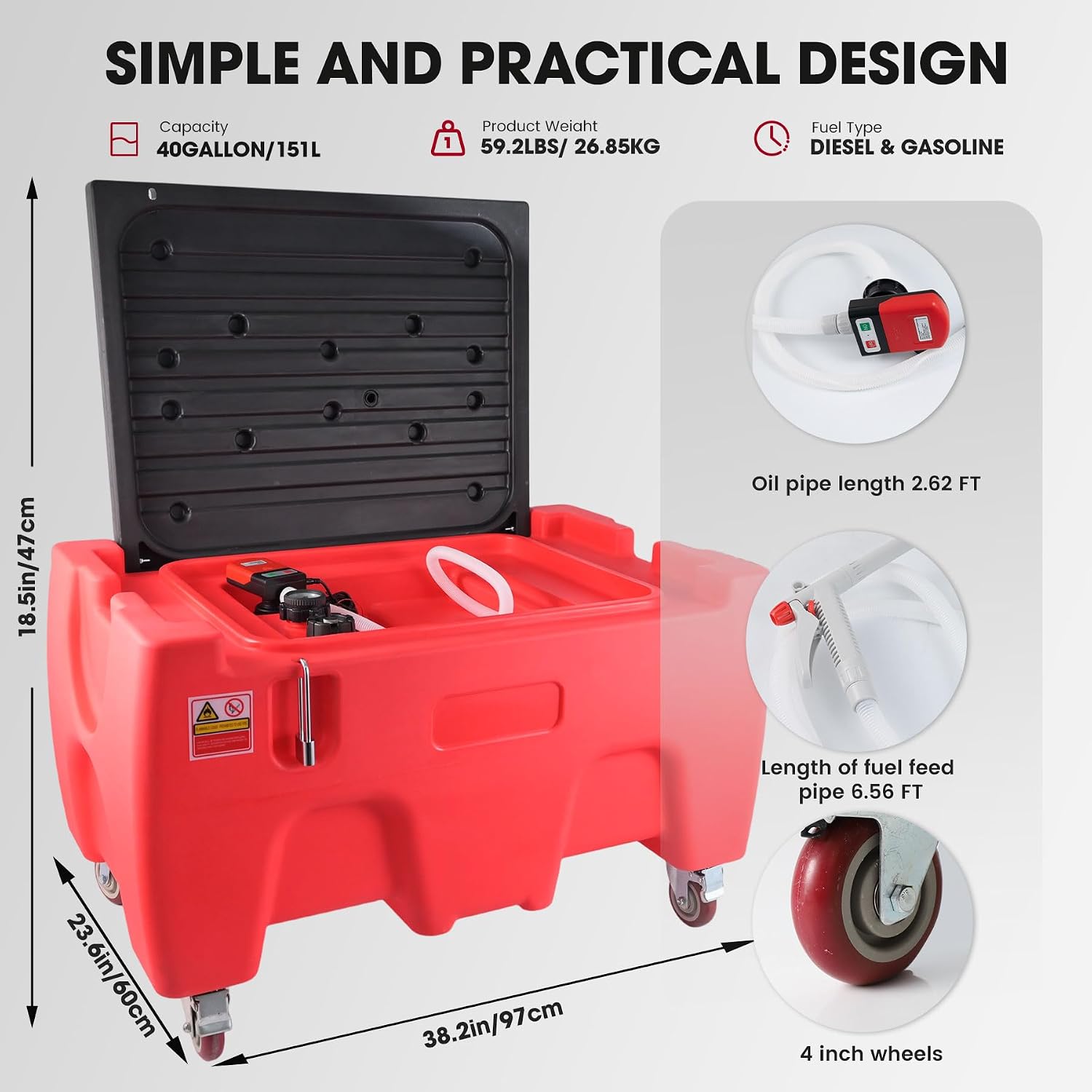 40 Gallon Fuel Caddy, Portable Gas Storage Tank with Battery Powered Transfer Pump & 4 Wheels, Gasoline Diesel Fuel Container for Cars, ATVs, Boats, Lawn Mowers, Red