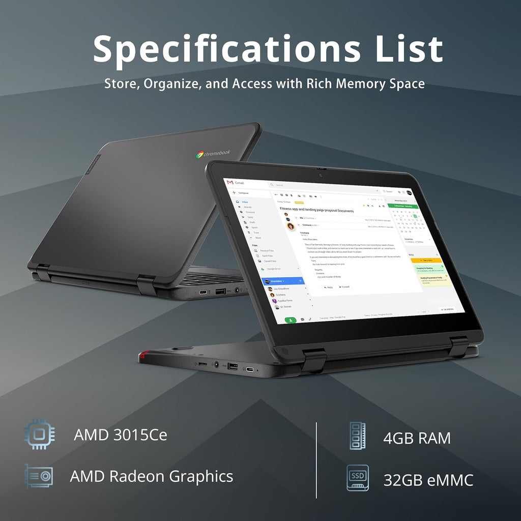 Lenovo 300e Gen 3 Chromebook 11.6' 2-in-1 Touchscreen Laptop, AMD 3015Ce Processor, 4GB RAM, 32GB eMMC, AMD Radeon Graphics, 720p Webcam, Wi-Fi 5, Bluetooth, Chrome OS, Gray (Renewed)