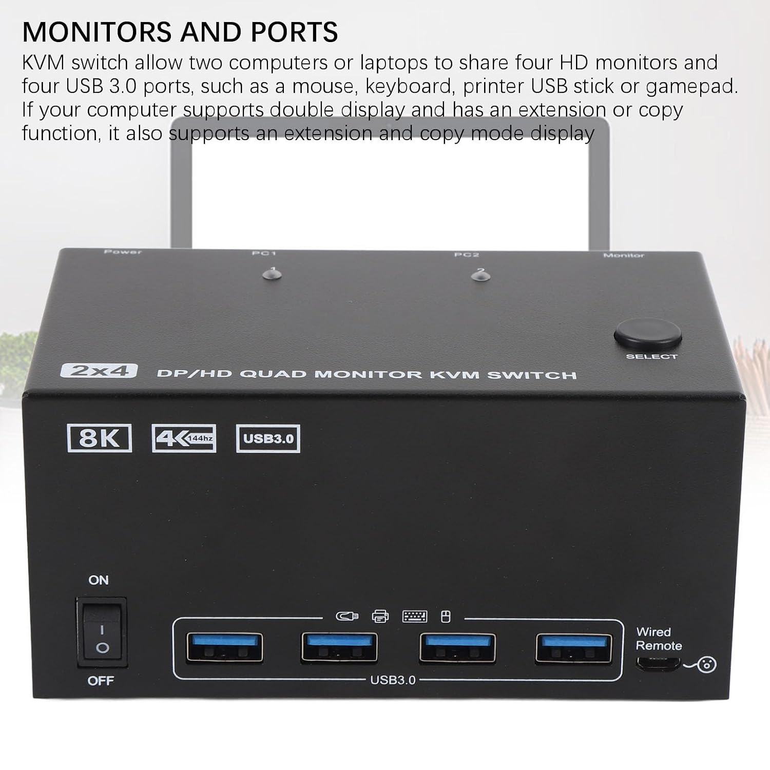 GOWENIC KVM Switch, 4 Monitors 2 Computers DisplayPort 8K 60Hz 4K 144Hz with 4 USB 3.0 Ports, for OS X OS Unix Computers (US)