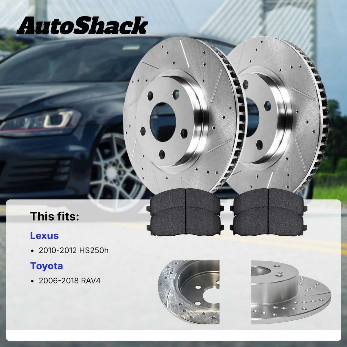 AutoShack Front & Rear Brake Rotors & Ceramic Pads for Toyota & Lexus, RAV4 2006-2008 HS250h 2010-2012, FWD 4WD L4 2.4L - Silver Zinc Coated Drilled & Slotted - SilverShield Pro