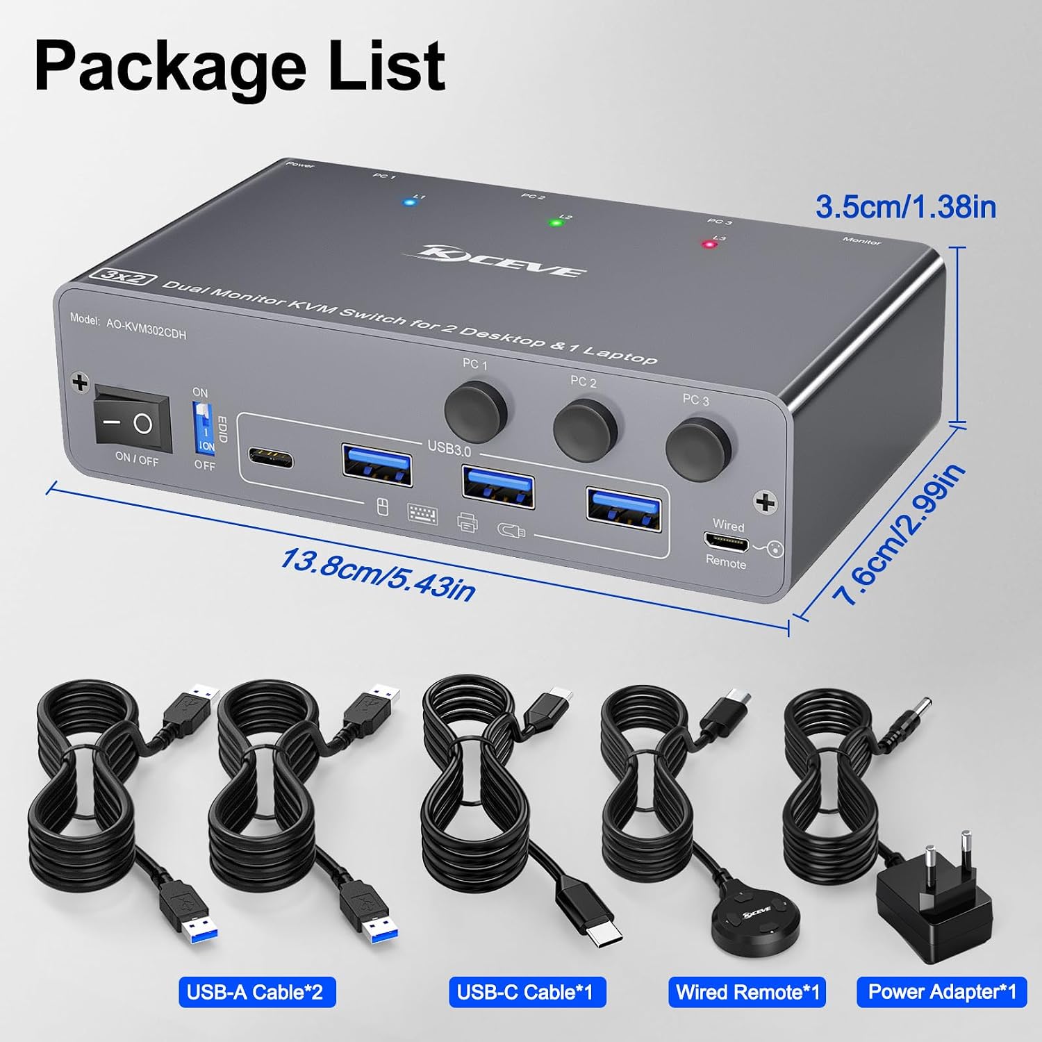 KCEVE KVM Switch 2 Monitors 3 Computers USB C HDMI DP, EDID, USB 3.0 KVM Switch Dual Monitor HDMI for 1 Laptops 2 Desktop, 73W PD, 4K@60Hz, Aluminum, Wired Remote(4K USB C HD DP 3 in 2 Out KVM)