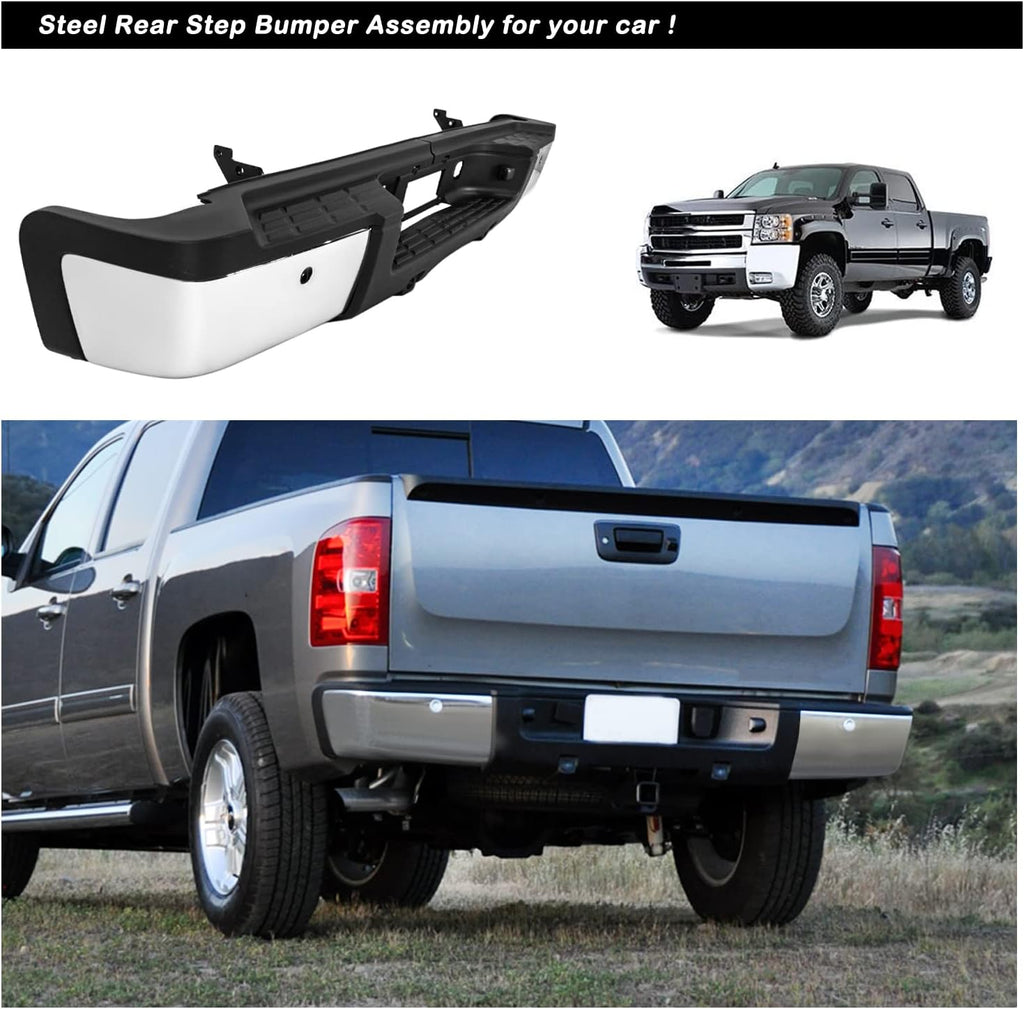 JSBOYAT Rear Step Bumper Fit for 2007-2013 Chevy Silverado 1500 / GMC Sierra 1500 Chrome Steel Bumper Assembly with Sensor Holes (Chrome) NOT Fit 2500 3500