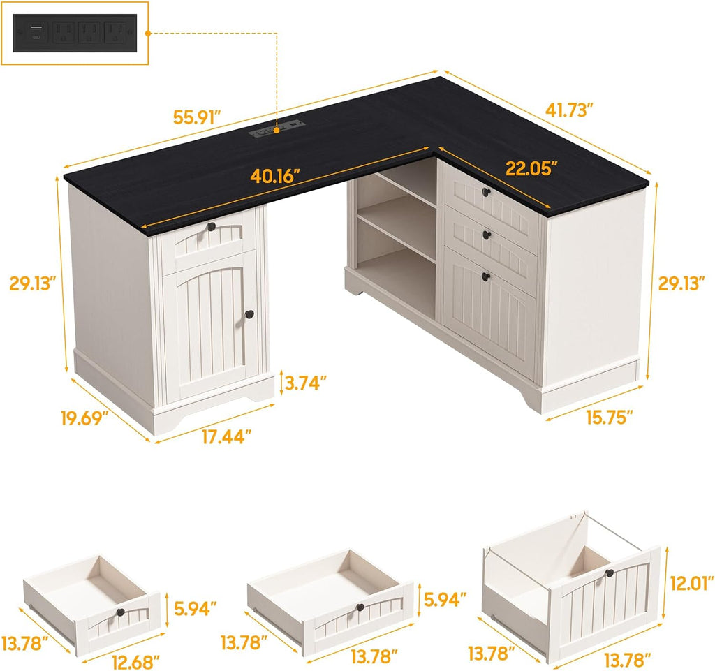Vabches Farmhouse L Shaped Desk with Drawers, 56 Inch Executive Desk with File Cabinet, Wooden Corner Computer Desk with Power Strip for Home Office Work and Study, Rustic White and Black