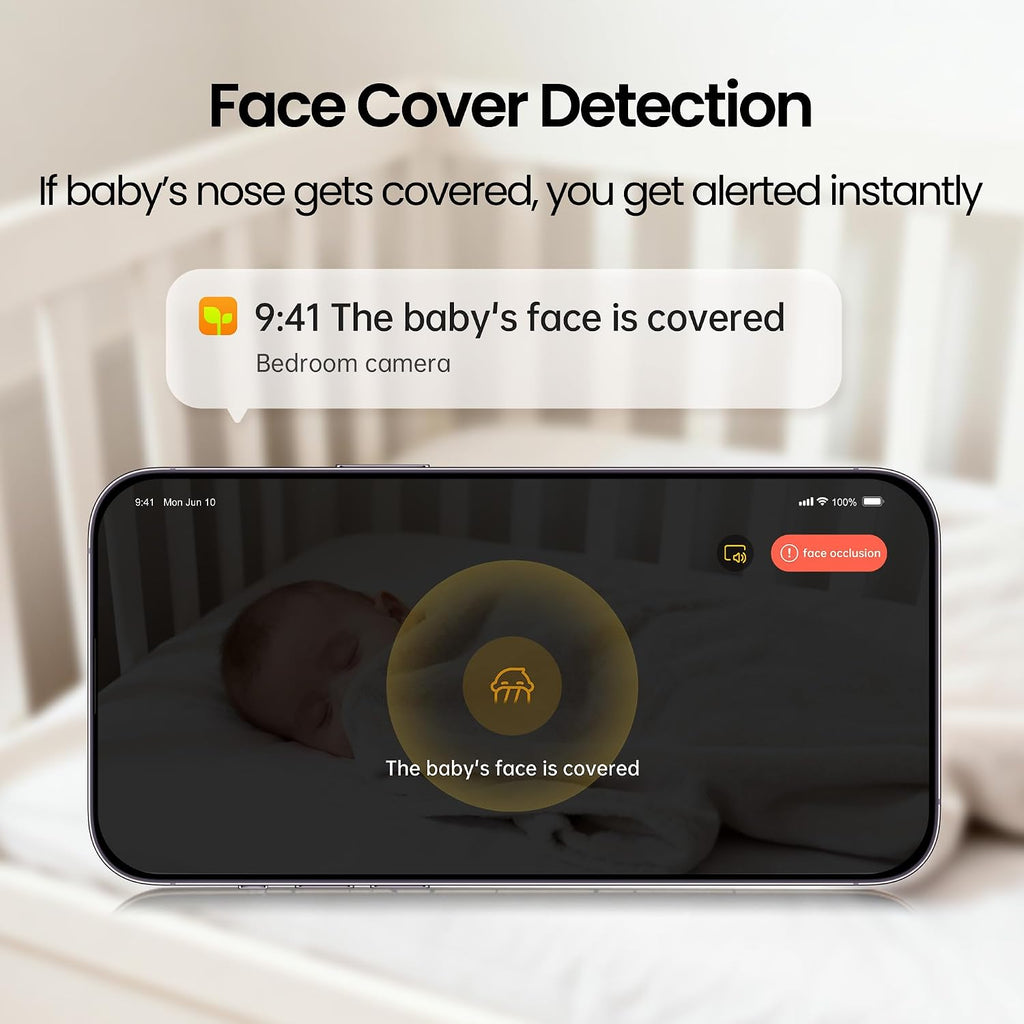 Monai Baby Monitor with Camera and Audio, 3K UHD, 6X Zoom, WiFi Video Monitor for Room or Travel, Pan 350° Tilt 65°, AI Cry Detection, Virtual Fence, Face-Cover Alerts, Sleep Monitoring, Night Vision